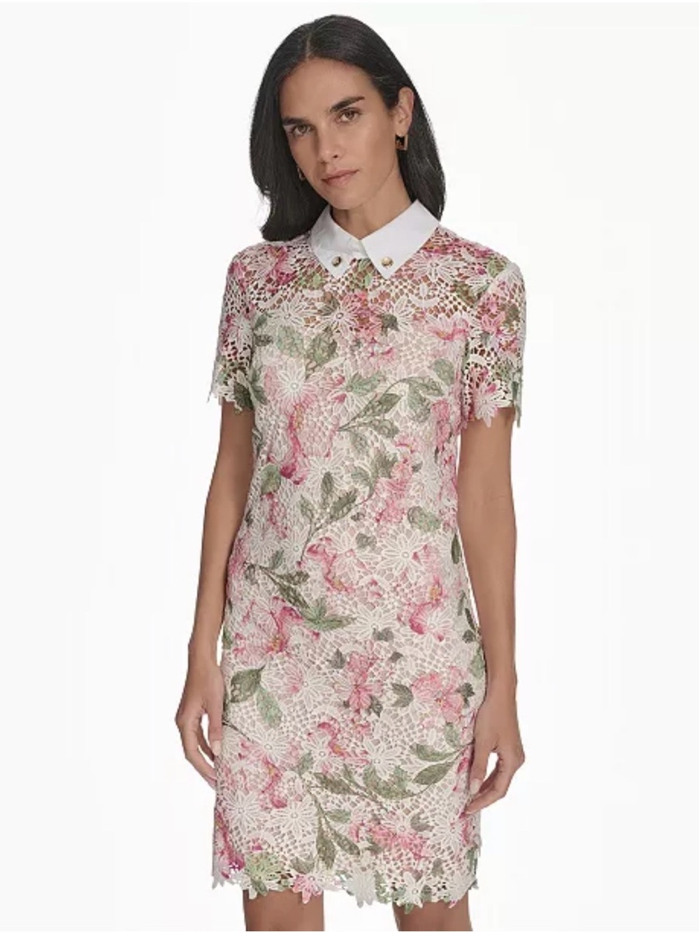 Halston Collared Floral Lace Shift Dress